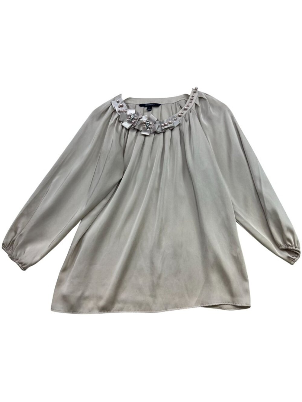 Chadwicks Women's Embellished Neck Pleated Blouse Long Sleeeve Size L Beige